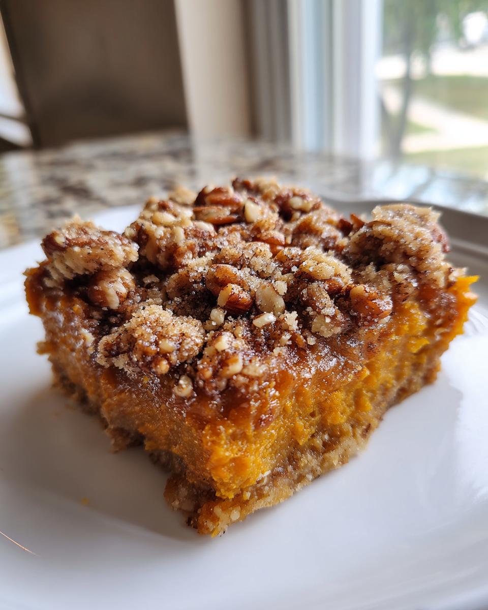 Close-up of a square slice of southern sweet potato casserole topped with crunchy pecans and brown sugar streusel.
