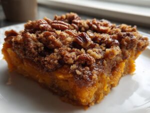 Close-up of a square slice of moist southern sweet potato casserole topped with a rich pecan streusel.