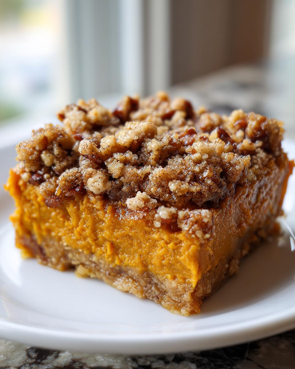 Close-up of a square slice of southern sweet potato casserole with a thick, crunchy pecan streusel topping on a white plate.