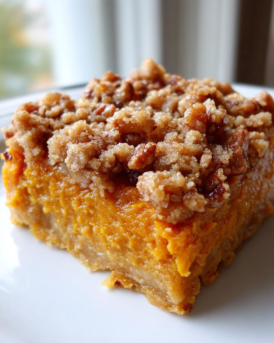 A close-up of a square slice of rich orange southern sweet potato casserole topped with a crunchy pecan crumble.