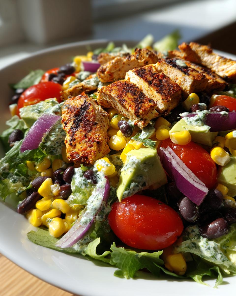 Close-up of a vibrant southwest chicken salad featuring sliced seasoned chicken breast, corn, black beans, avocado, and red onion.