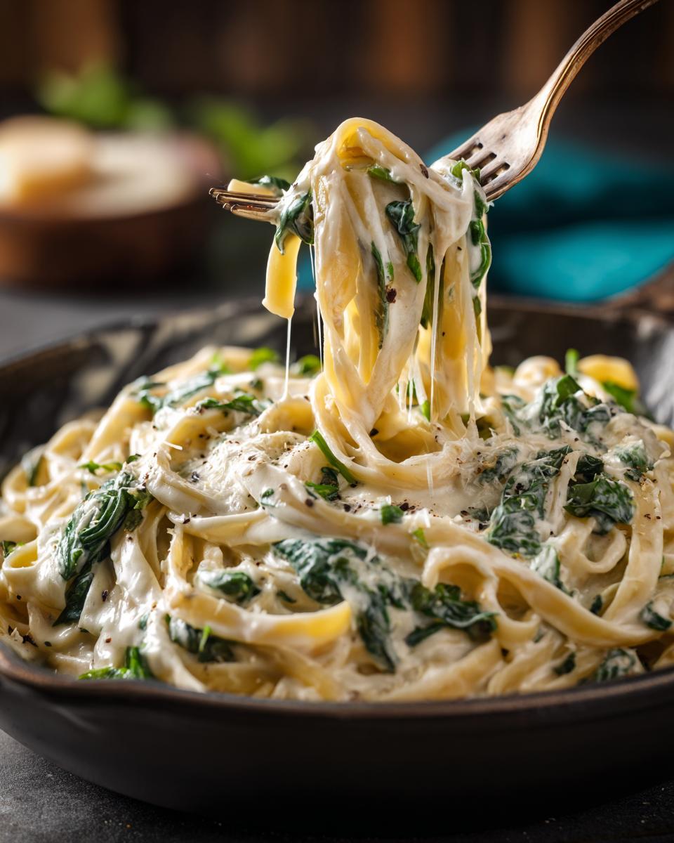 A fork twirls fettuccine pasta coated in creamy alfredo sauce with spinach, creating a delicious spinach alfredo pasta.