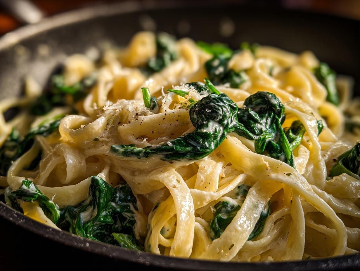 Close-up of creamy spinach alfredo pasta with fettuccine noodles and wilted spinach.