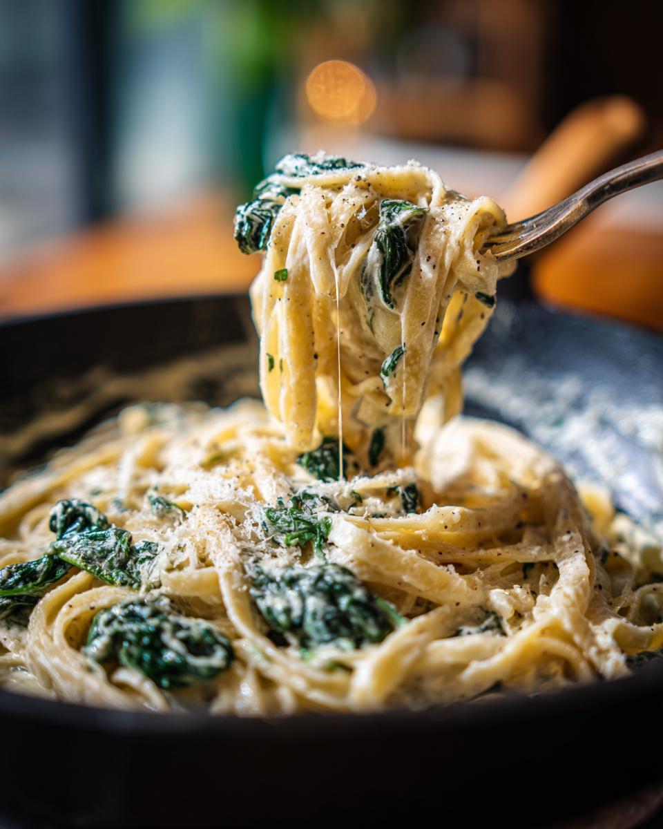 A fork lifts a swirl of fettuccine pasta coated in creamy alfredo sauce with spinach and grated parmesan.