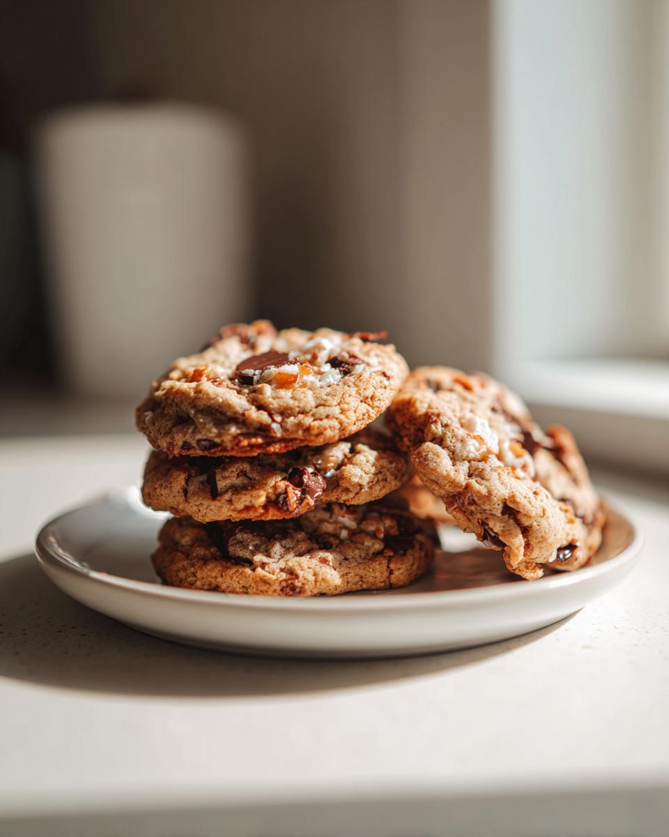 A stack of four freshly baked almond joy cookies piled on a small white plate, featuring visible chocolate and coconut.