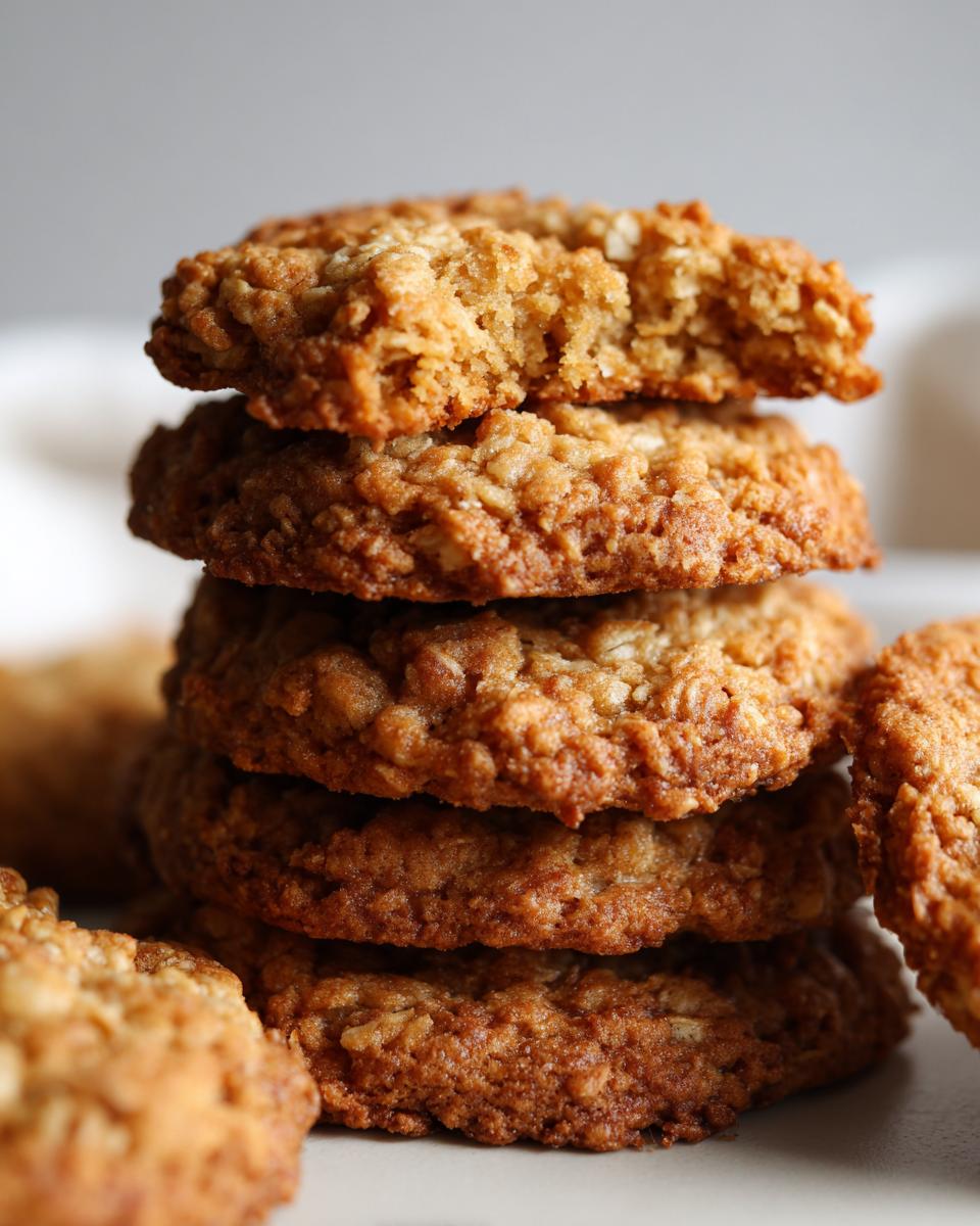 A close-up stack of four golden brown, chewy oatmeal cookie rounds, with one cookie broken on top.