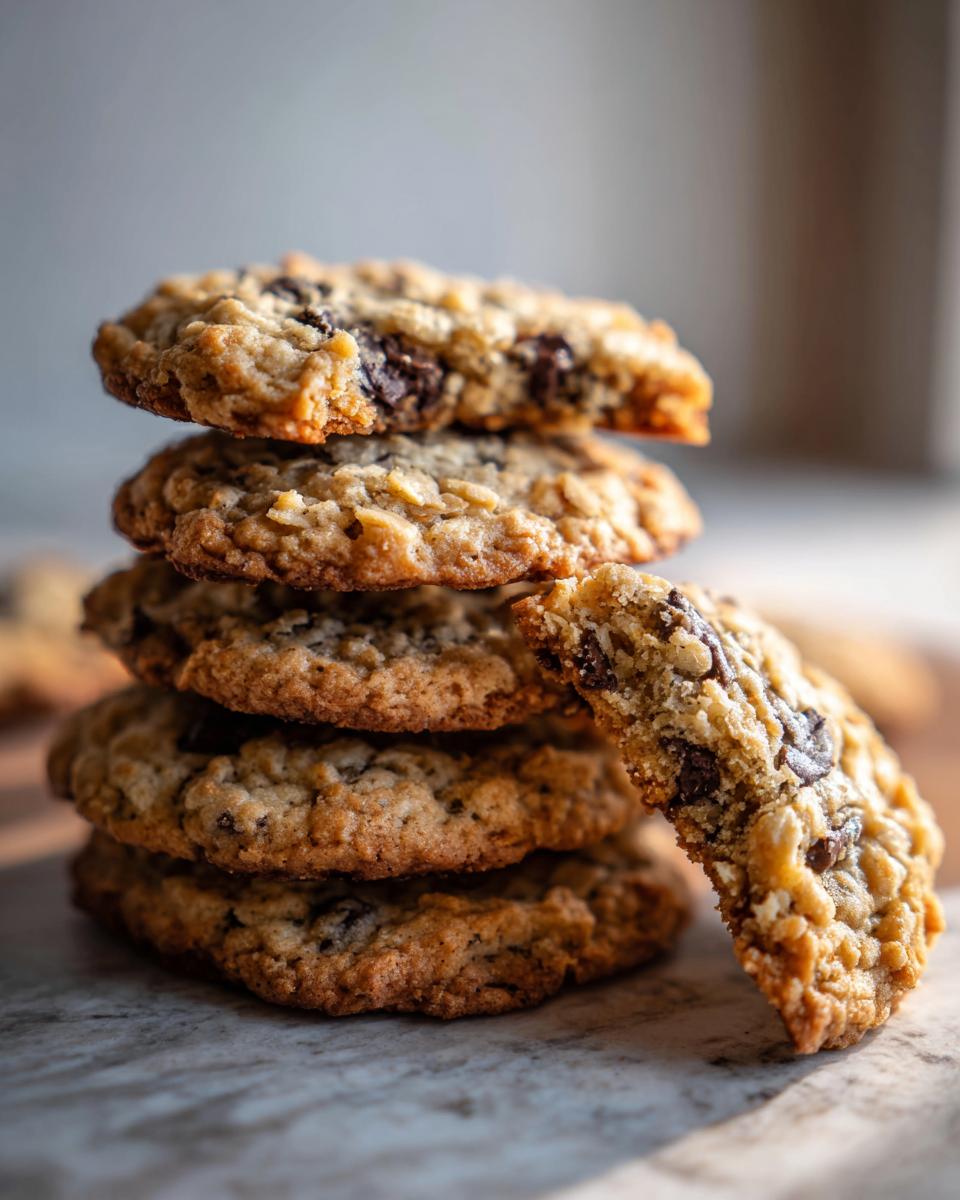 A tempting stack of five homemade oatmeal cookie treats, one leaning against the side showing its chewy texture and chocolate chips.