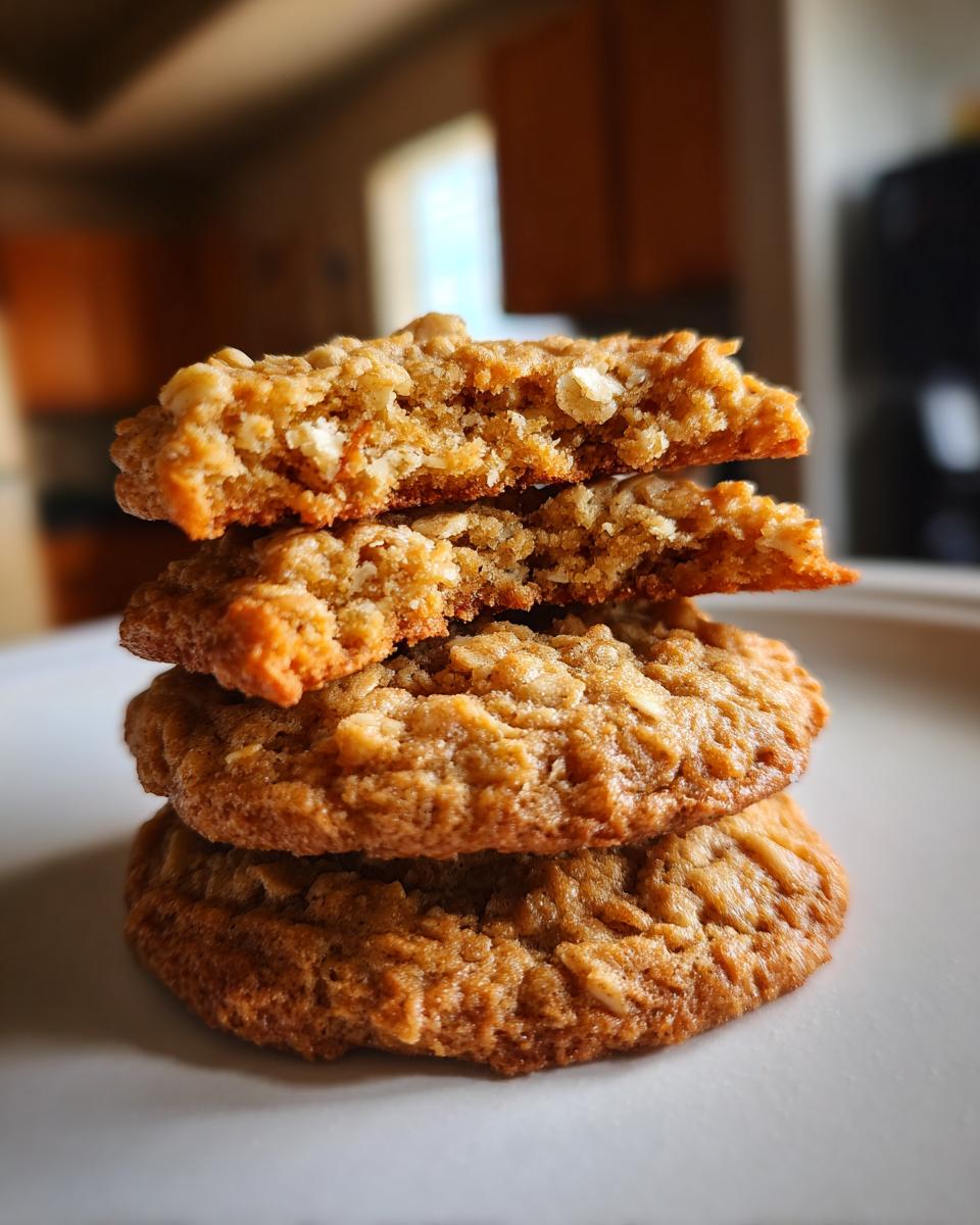 Close-up of three stacked oatmeal cookie halves showing the chewy texture inside.