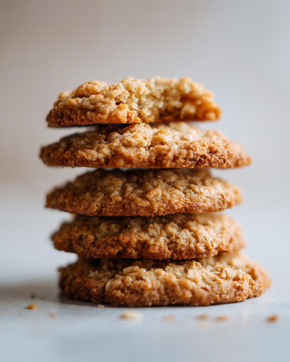 A vertical stack of five golden brown, chewy oatmeal cookie rounds, with the top one slightly bitten.