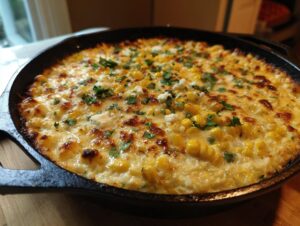 A bubbling hot street corn dip (elote dip) in a cast iron skillet, topped with corn kernels, cheese, and cilantro.