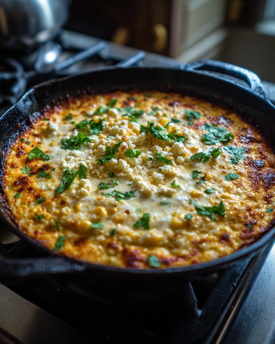 A bubbling hot street corn dip (elote dip) baked in a cast iron skillet, topped with crumbled cheese and fresh cilantro.