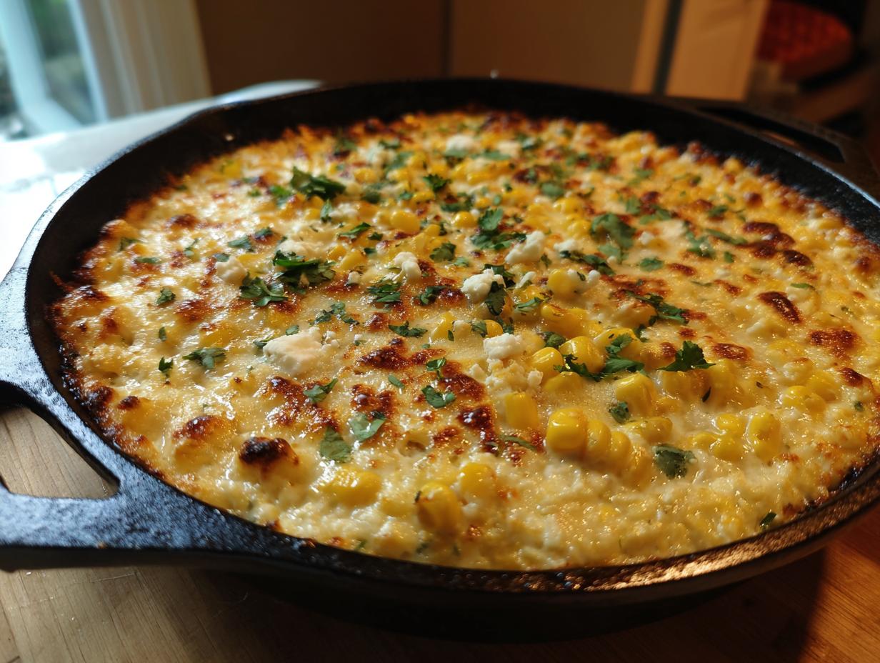 A bubbling hot street corn dip (elote dip) in a cast iron skillet, topped with corn kernels, cheese, and cilantro.