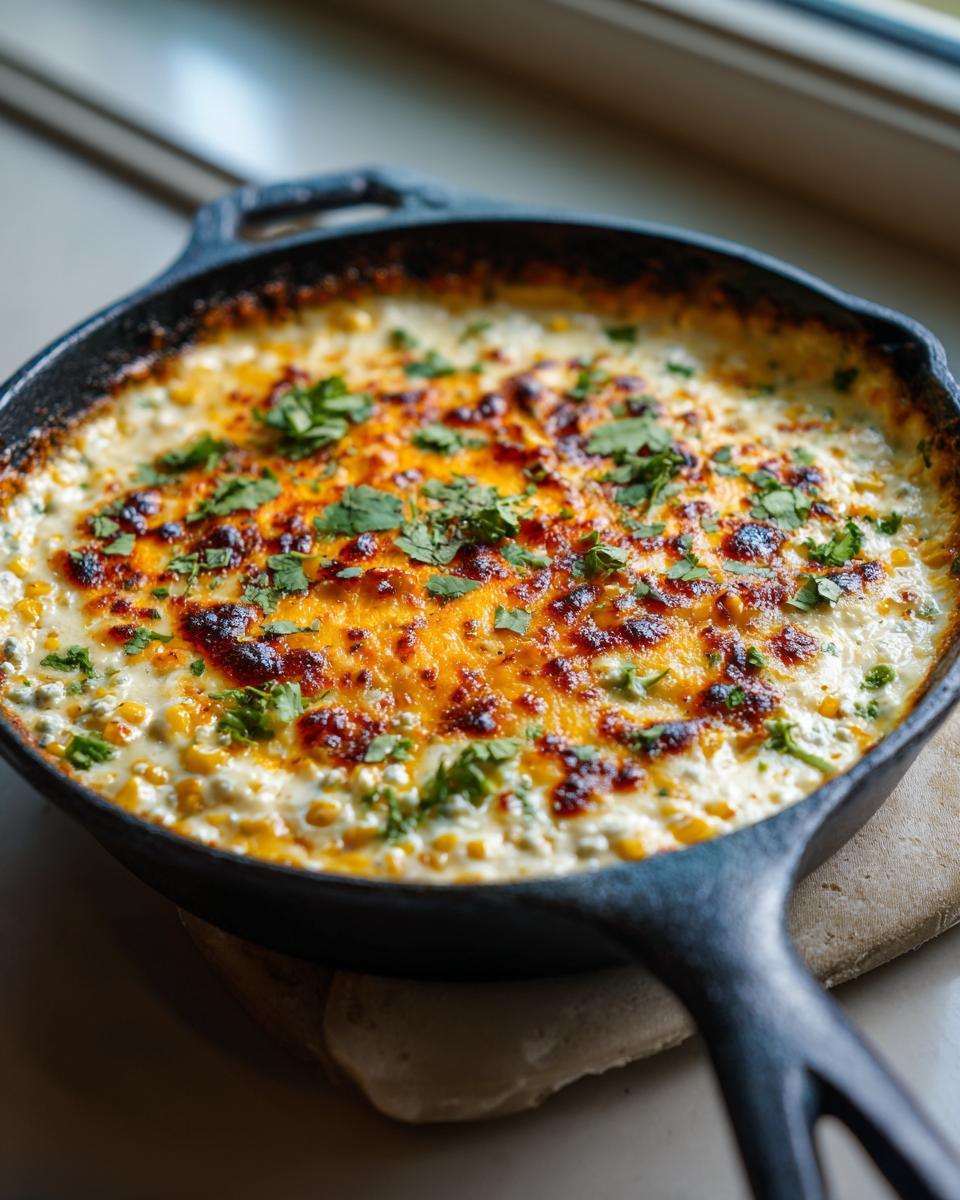 A bubbling hot street corn dip (elote dip) in a cast iron skillet, topped with melted cheese and fresh cilantro.
