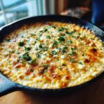 Close-up of a bubbling hot street corn dip (elote dip) in a cast iron skillet, topped with crumbled cheese and fresh cilantro.