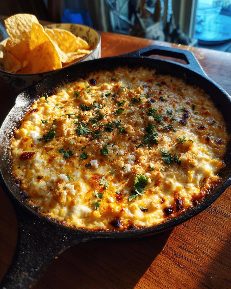 A bubbling hot street corn dip (elote dip) served in a cast iron skillet, topped with cilantro and crumbled cheese, with tortilla chips in the background.