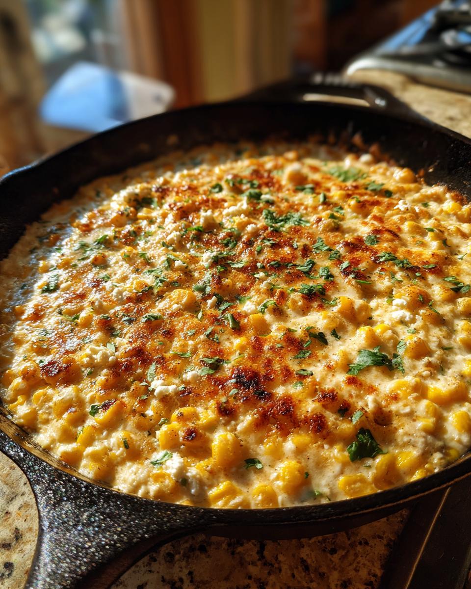A close-up shot of bubbling street corn dip (elote dip) in a cast iron skillet, topped with cheese and cilantro.