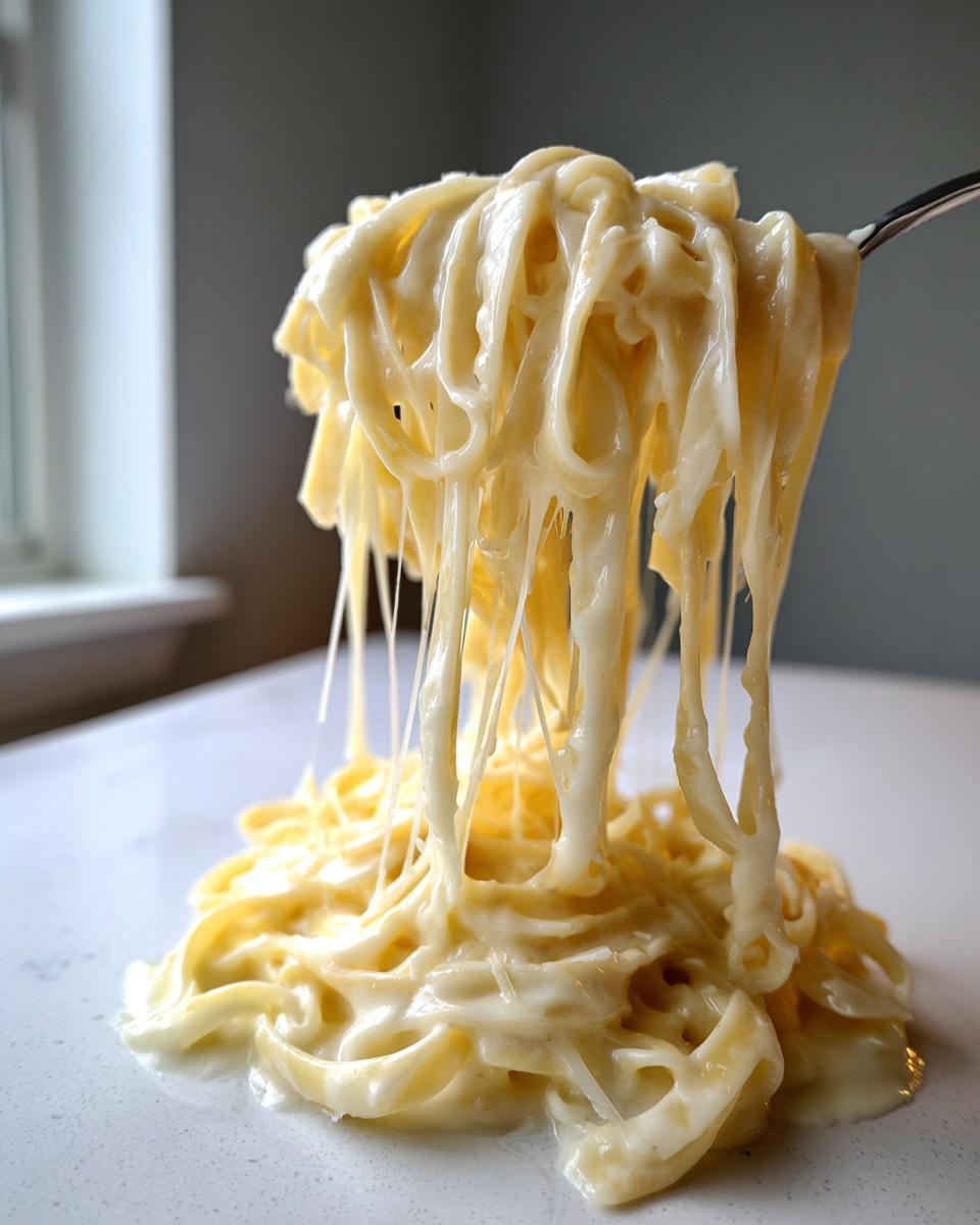 Close-up of fettuccine noodles being lifted by a fork, coated in thick, creamy homemade alfredo sauce.