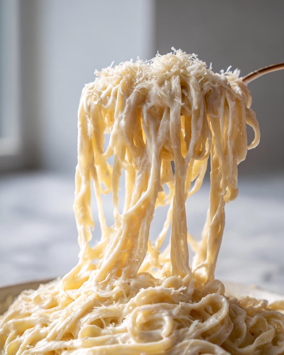 A fork lifts a large portion of fettuccine noodles generously coated in creamy homemade alfredo sauce and topped with grated cheese.