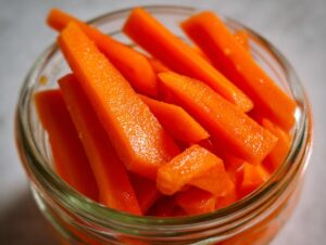 Close-up shot of bright orange, crunchy pickled carrots cut into sticks inside a clear glass jar.