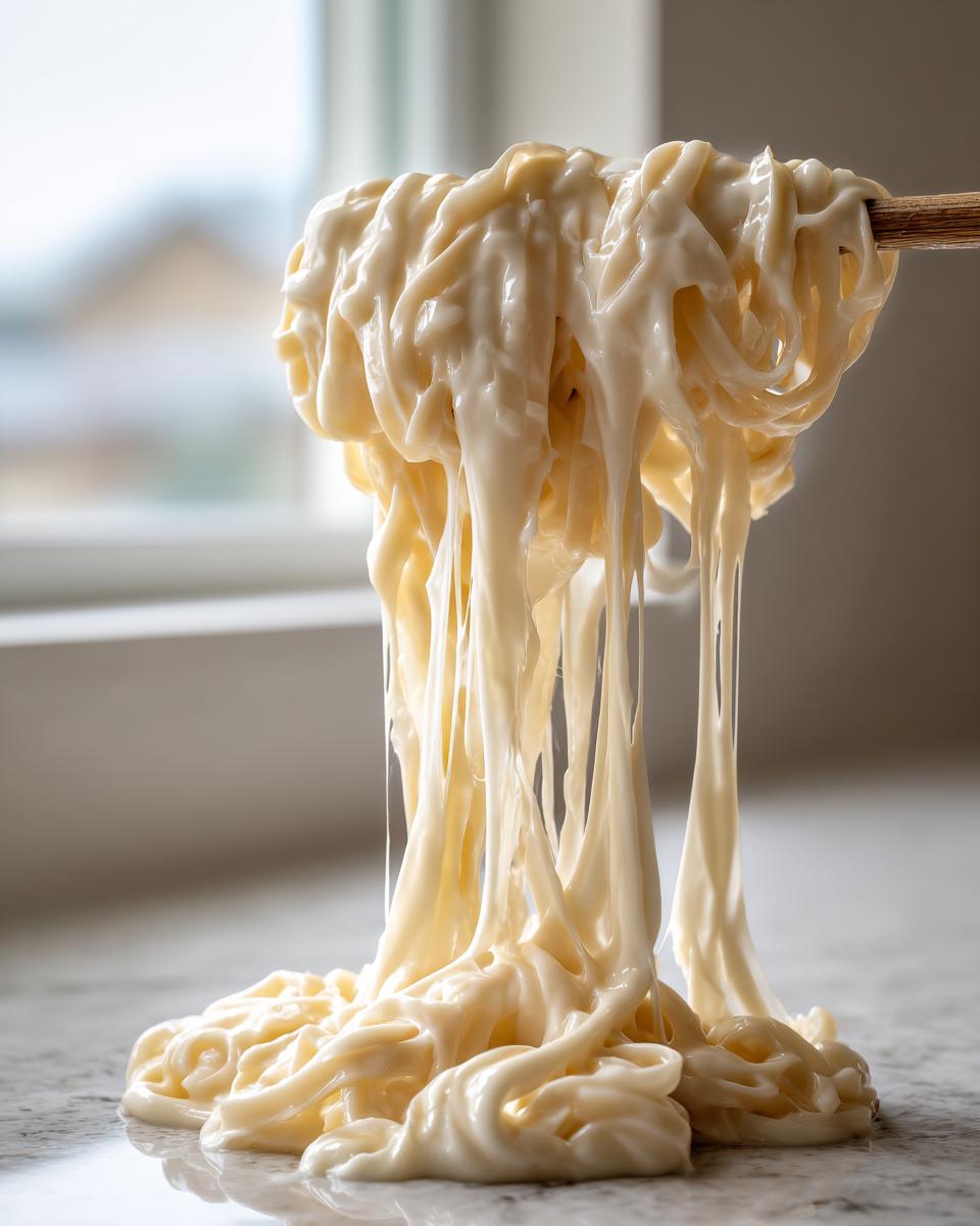 Close-up of pasta coated thickly in creamy homemade alfredo sauce dripping down onto a counter.