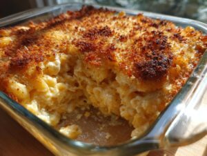 A close-up of a glass baking dish filled with golden-brown baked mac and cheese.