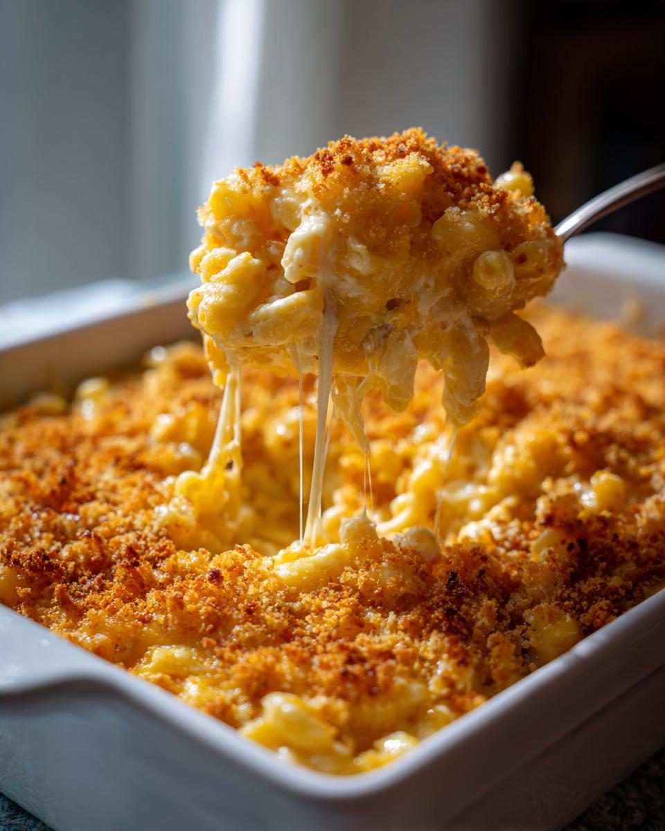 A spoonful of creamy baked mac and cheese with a golden breadcrumb topping, showing strings of melted cheese.