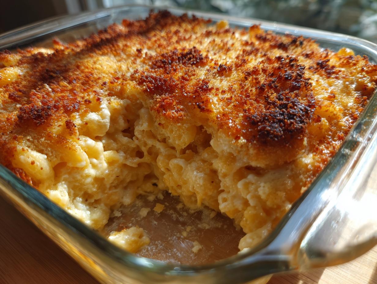 A close-up of a glass baking dish filled with golden-brown baked mac and cheese.