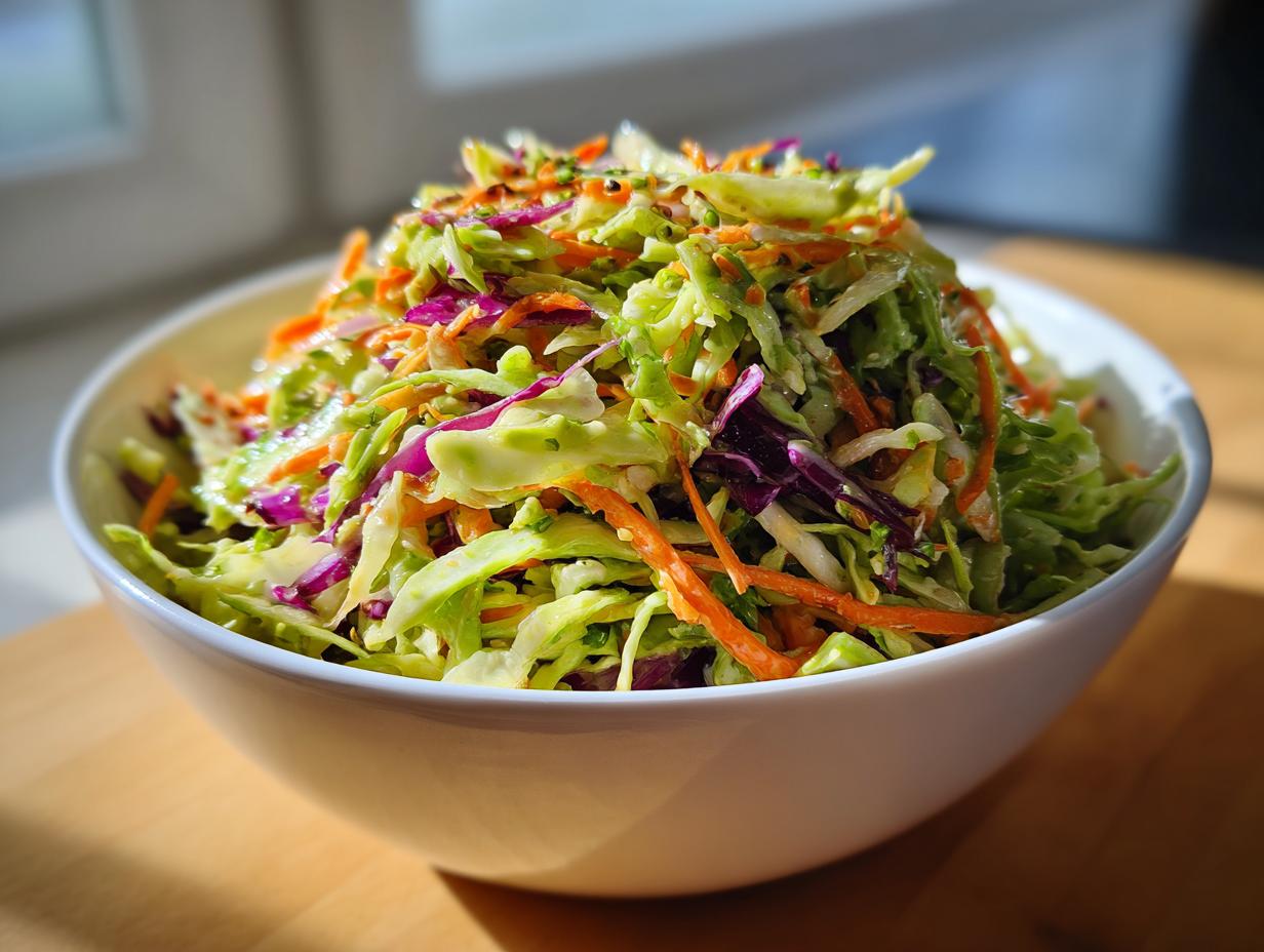A large white bowl overflowing with colorful, freshly dressed cabbage salad featuring shredded green cabbage, purple cabbage, and carrots.