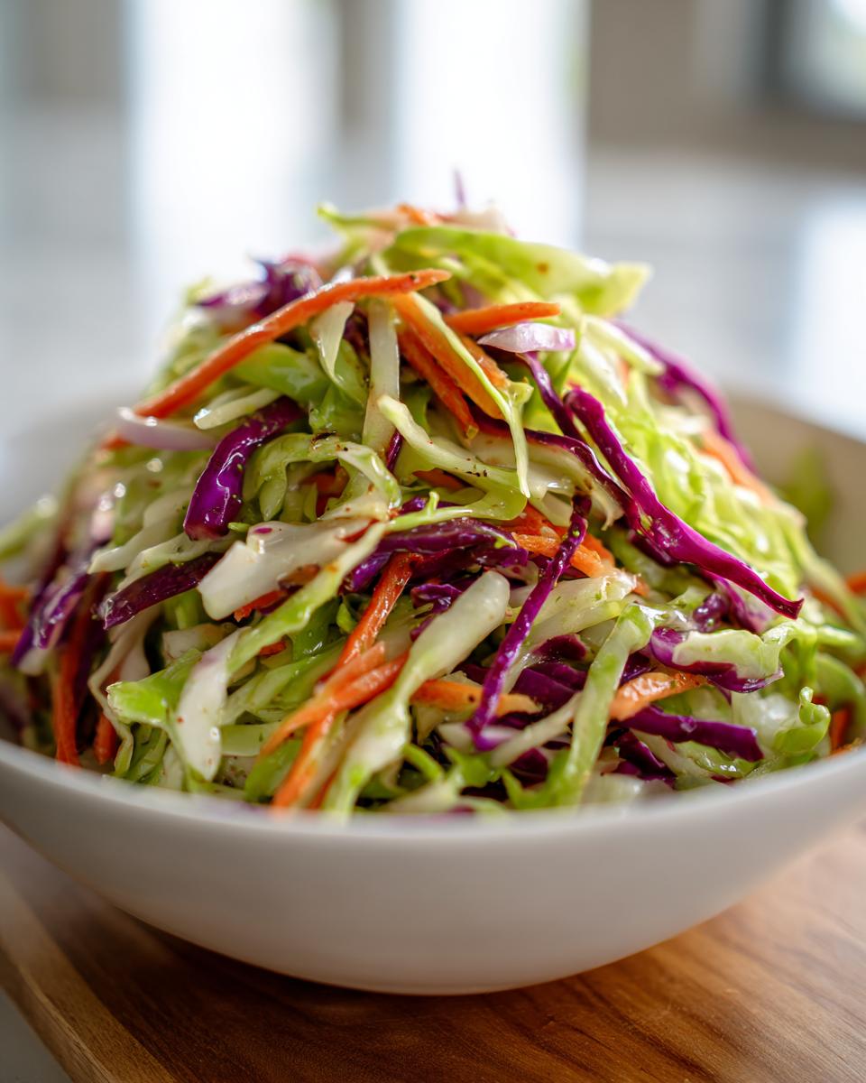 Close-up of a vibrant, freshly tossed cabbage salad featuring shredded green cabbage, red cabbage, and carrots.