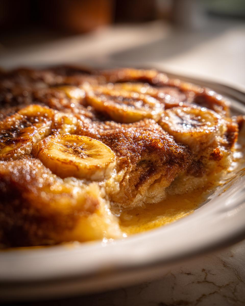 Close-up of a warm banana cobbler with caramelized banana slices and a syrupy sauce.