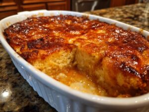 A close-up of a freshly baked banana cobbler in a white baking dish, with a golden-brown crust and bubbling filling.