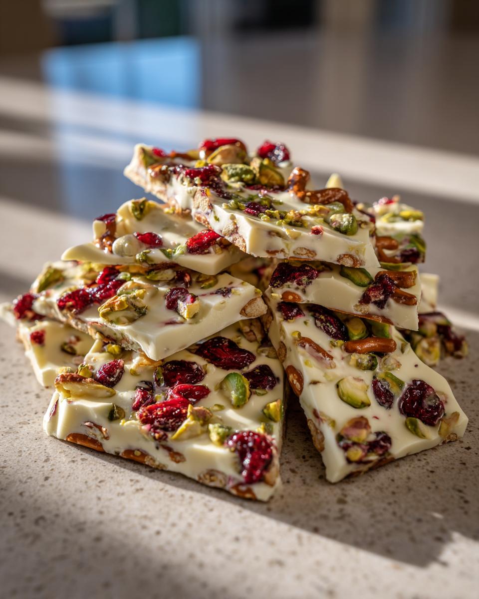 A stack of white chocolate pretzel bark pieces, studded with dried cranberries and pistachios, ready to be enjoyed.