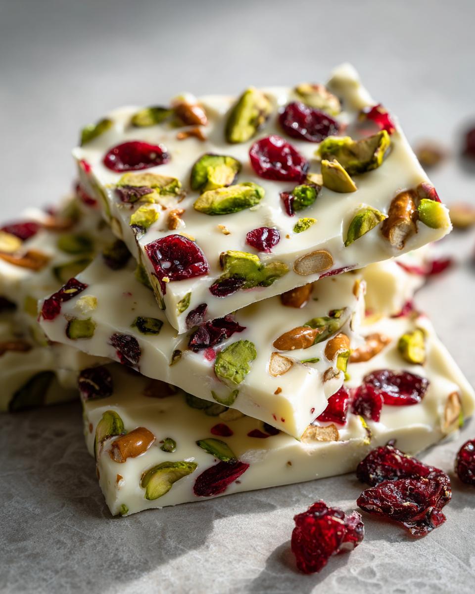 A stack of white chocolate pretzel bark pieces, studded with pistachios, almonds, and dried cranberries.