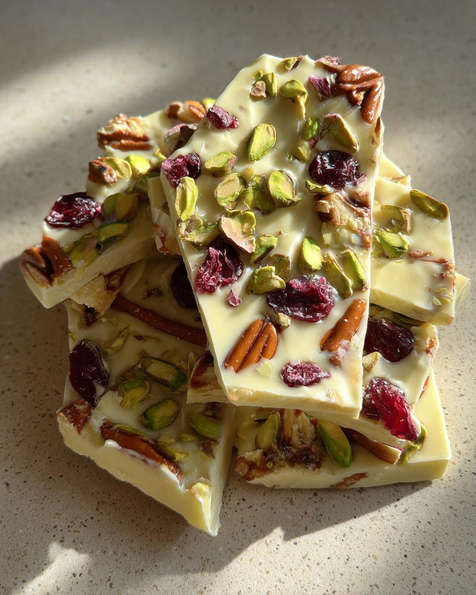 A close-up of broken pieces of white chocolate pretzel bark, topped with pistachios, pecans, and dried cranberries.