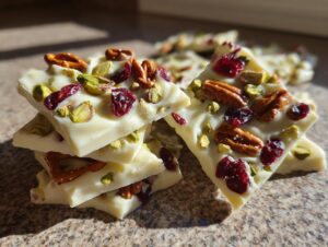 A stack of White Chocolate Pretzel Bark pieces topped with pistachios, pecans, and dried cranberries.
