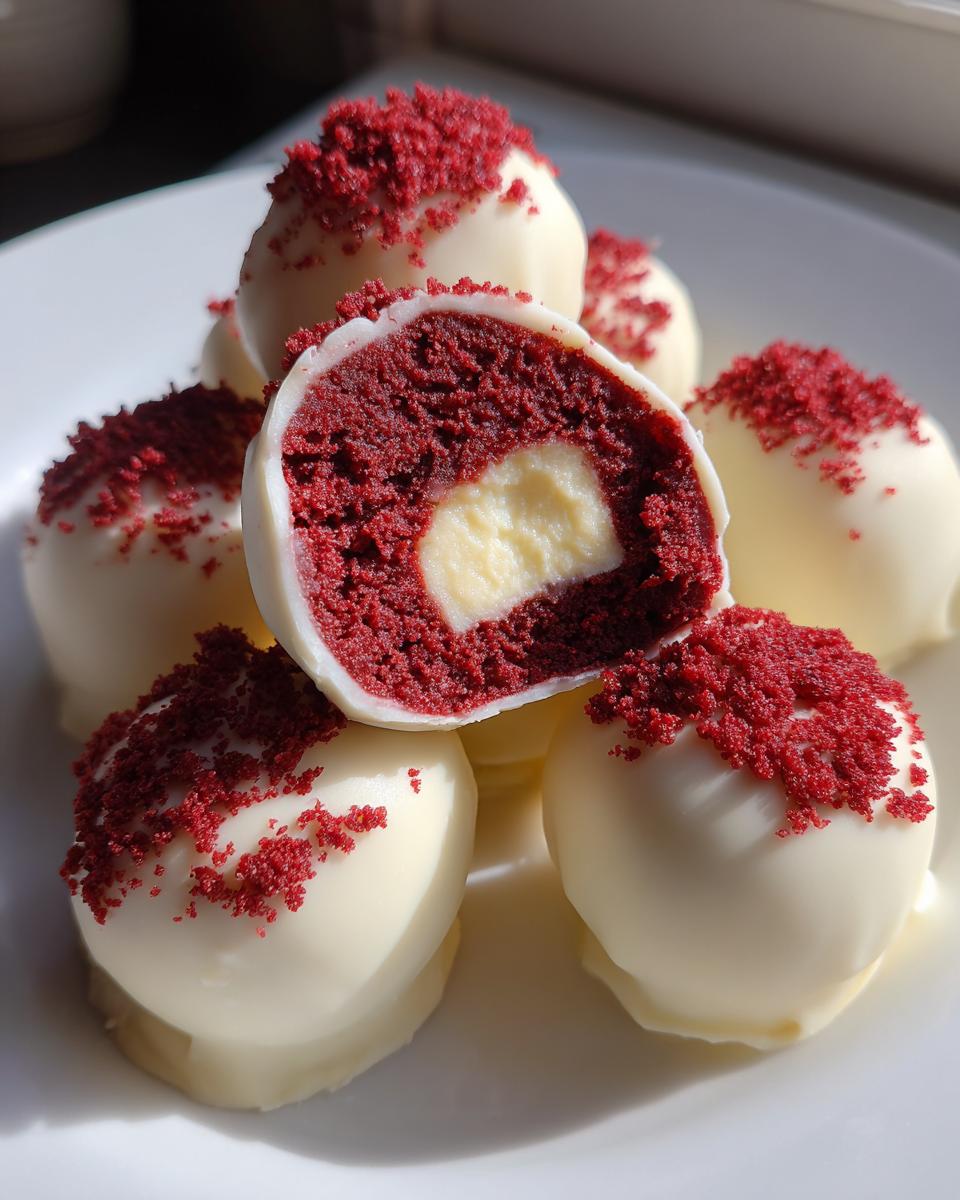 Close-up of white chocolate red velvet cake pops, one cut in half showing the red cake and cream cheese filling.
