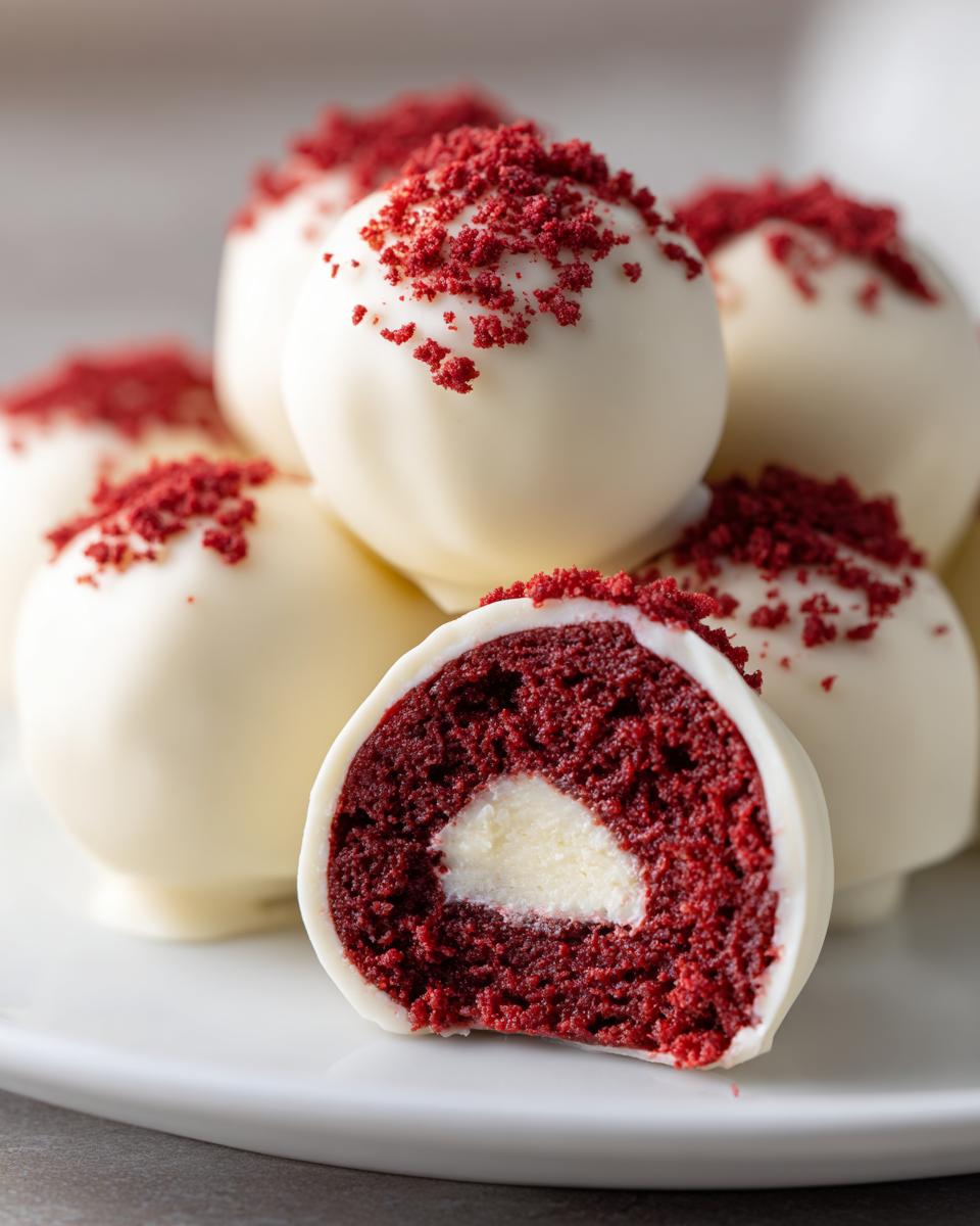 Close-up of white chocolate coated red velvet cake pops, one cut open revealing a cream cheese center.