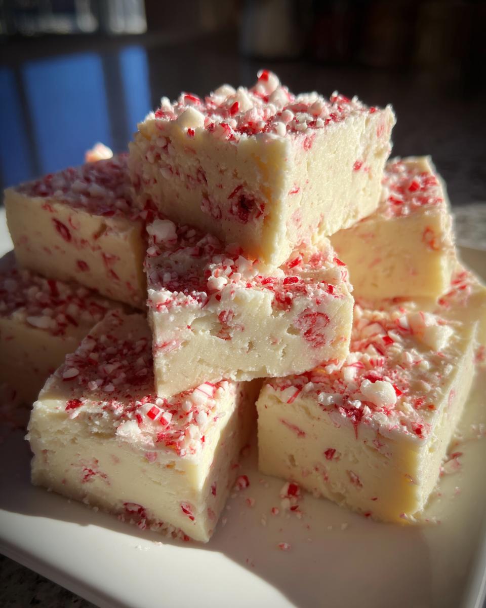 A stack of creamy white peppermint fudge squares topped generously with crushed candy canes.