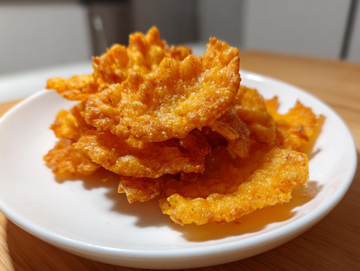 A close-up of crispy, golden-orange homemade cheese crackers stacked on a small white plate.