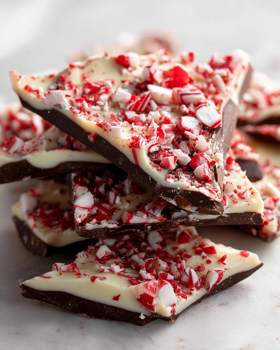 A stack of broken pieces of dark and white chocolate peppermint bark topped with crushed candy canes.