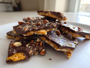 Close-up of broken pieces of graham cracker toffee topped with melted chocolate and chopped nuts on a white plate.