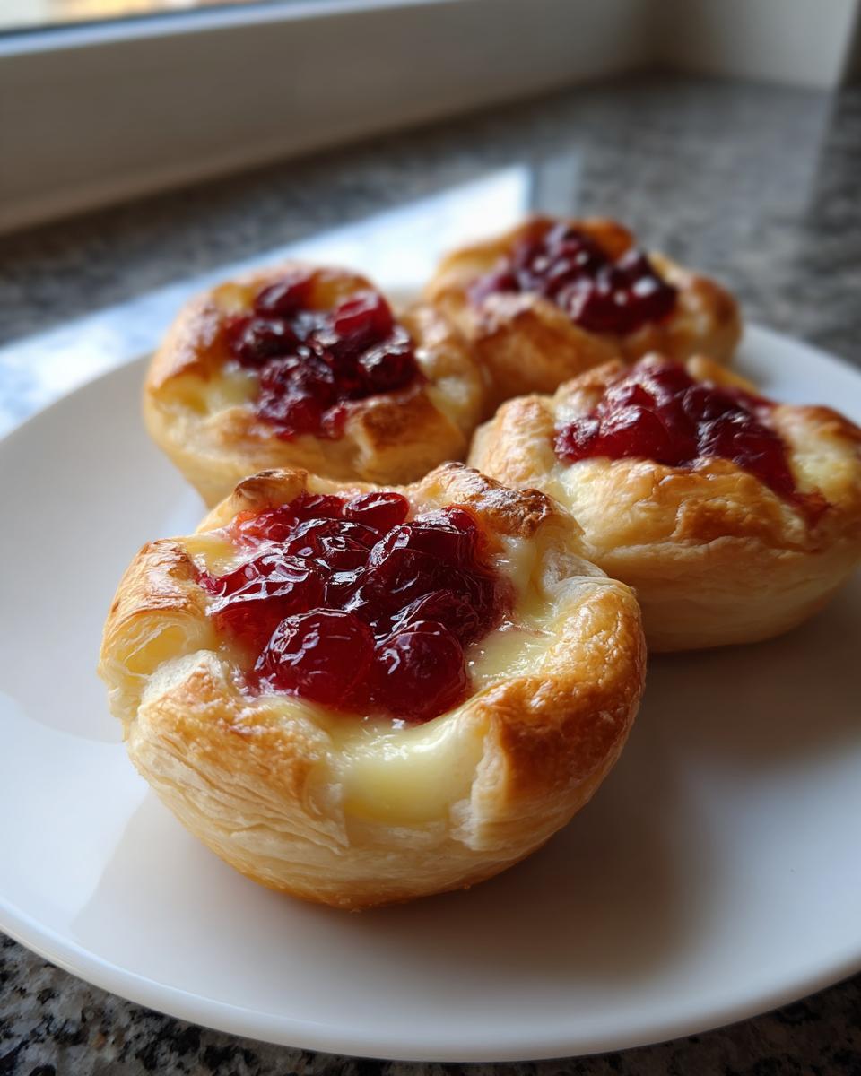 Four golden baked brie bites topped with melted brie cheese and bright red cranberry jam, served on a white plate.
