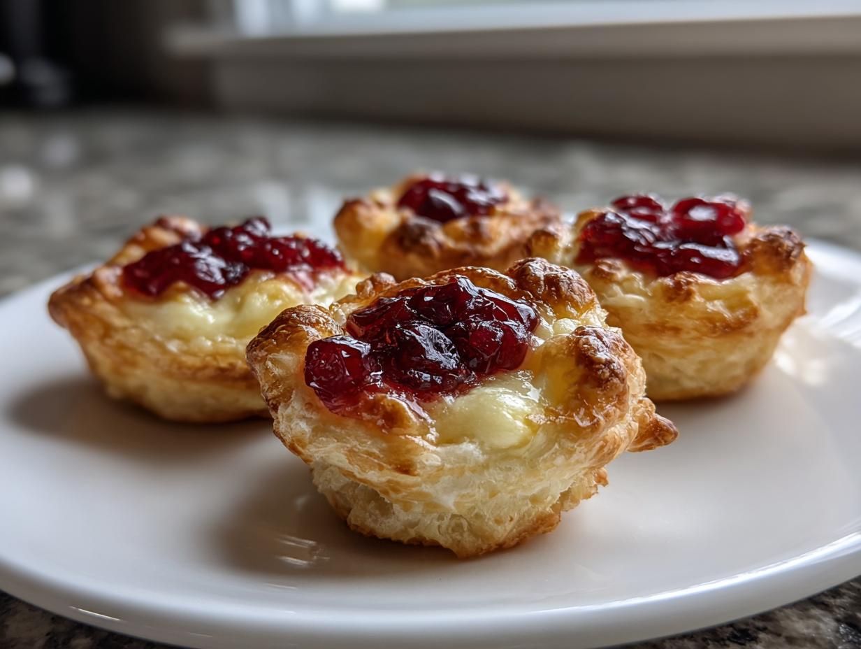 Four golden baked brie bites topped with melted brie and dark red cranberry jam, served on a white plate.