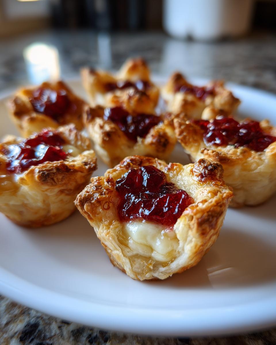 Close-up of warm, flaky pastry cups filled with melted brie and topped with bright red jam, perfect brie bites.