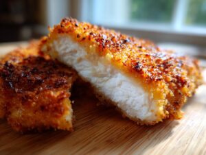 Close-up of a juicy air fryer chicken breast cut in half showing white meat and crispy golden breading.