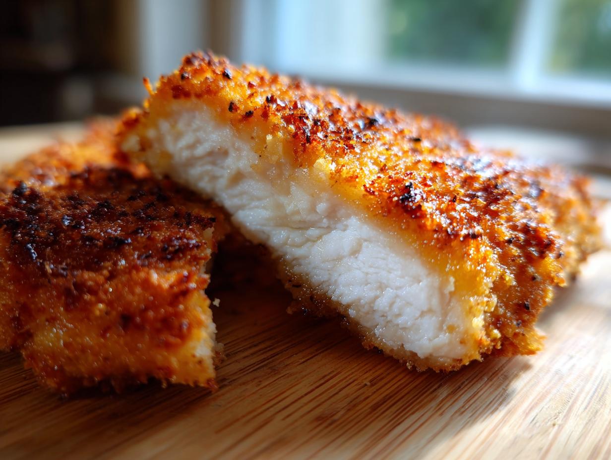Close-up of a juicy air fryer chicken breast cut in half showing white meat and crispy golden breading.