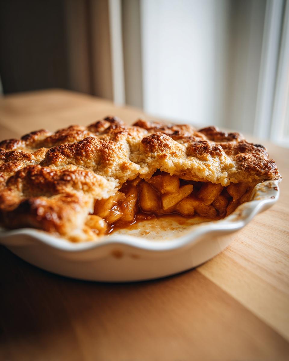 A close-up of a freshly baked apple cobbler in a white dish, showing the golden, crumbly top and rich, gooey apple filling.