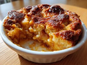 Close-up of a single serving of warm apple cobbler with a deeply browned, caramelized top in a white ramekin.