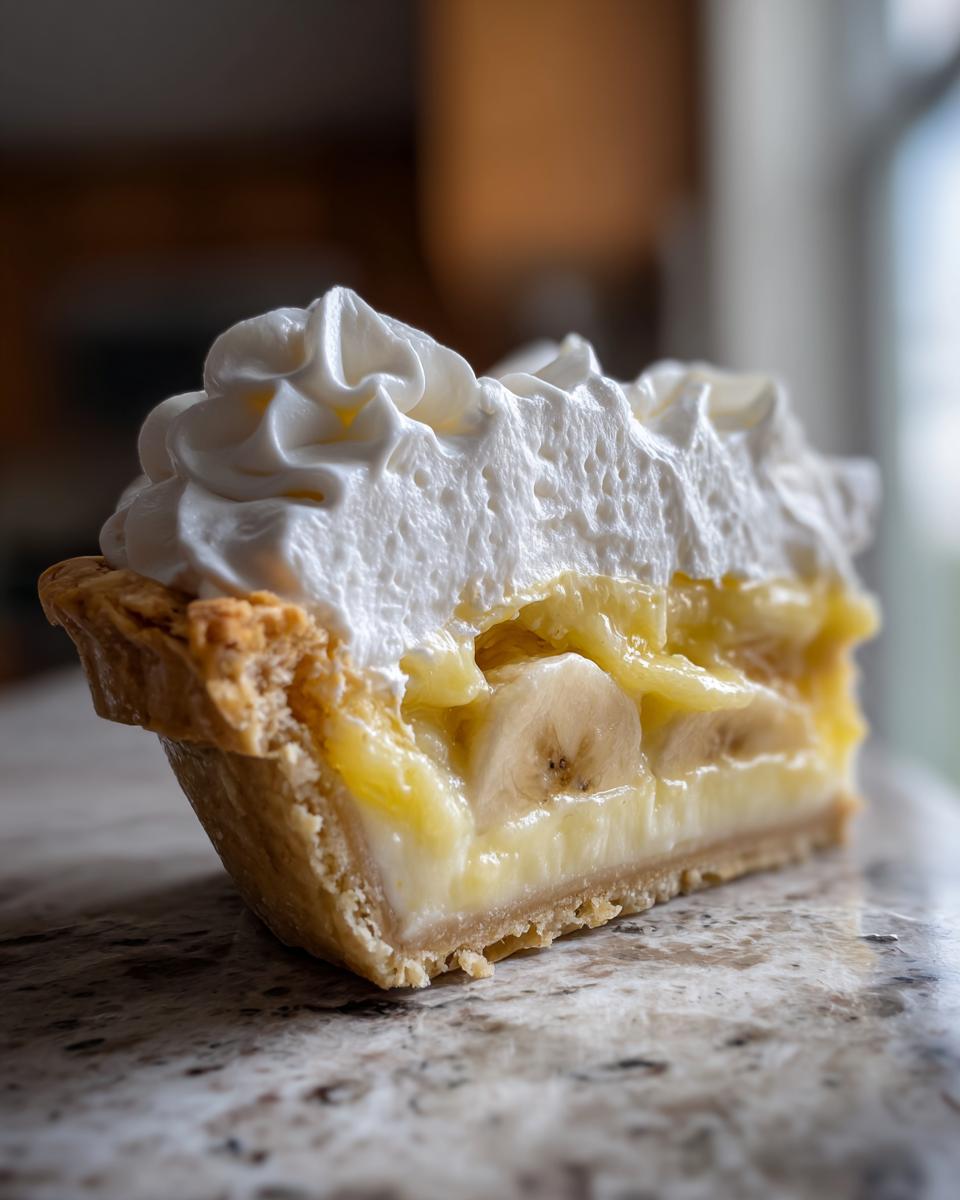 Close-up of a slice of banana cream pie showing layers of crust, creamy filling, banana slices, and a thick topping of whipped cream.