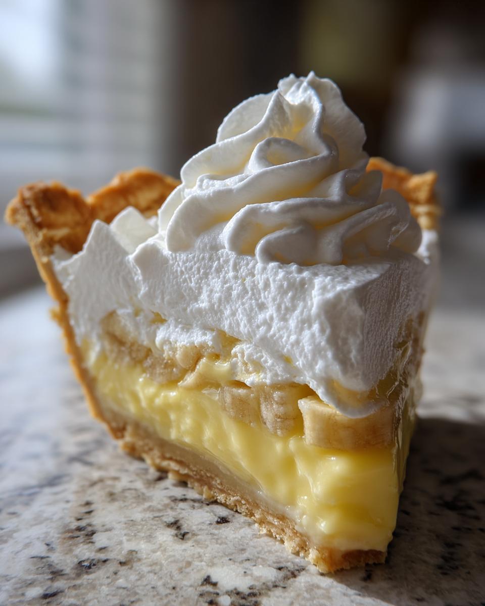 A close-up slice of amazing banana cream pie showing layers of crust, banana slices, custard, and a tall swirl of whipped cream.